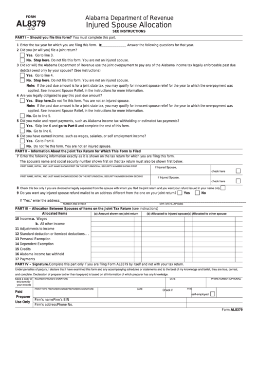 Fillable Form Al8379 - Injured Spouse Allocation - Alabama Department Of Revenue Printable pdf