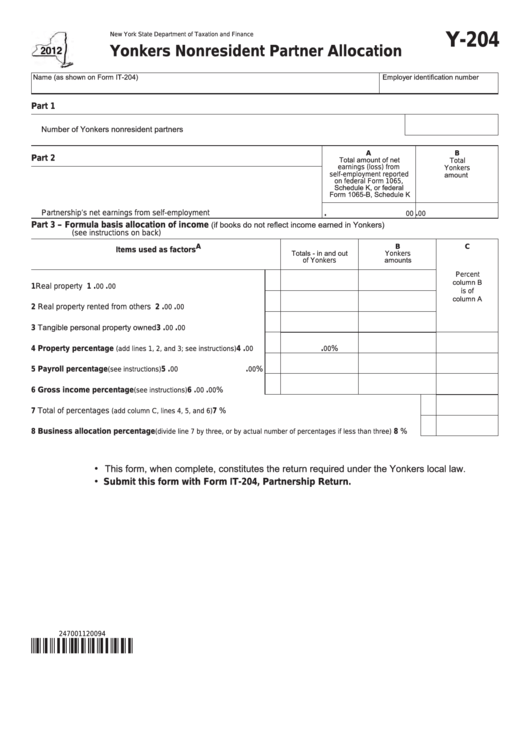 Fillable Form Y-204 - Yonkers Nonresident Partner Allocation - 2012 Printable pdf