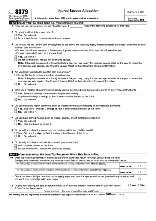 Fillable Form 8379 - Injured Spouse Allocation Printable pdf