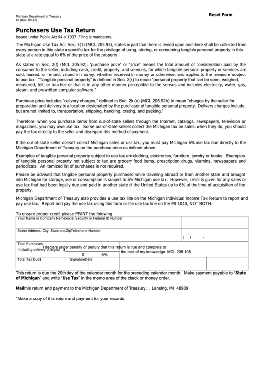 Fillable Form 48 - Purchasers Use Tax Return - Michigan Departmentof Treasury Printable pdf