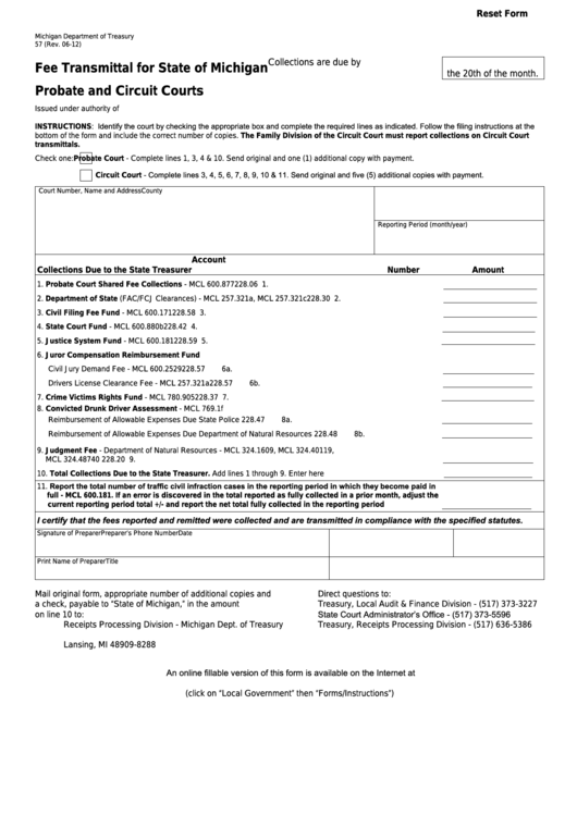 Fillable Form 57 - Fee Transmittal For State Of Michigan - Michigan Department Of Treasury Printable pdf