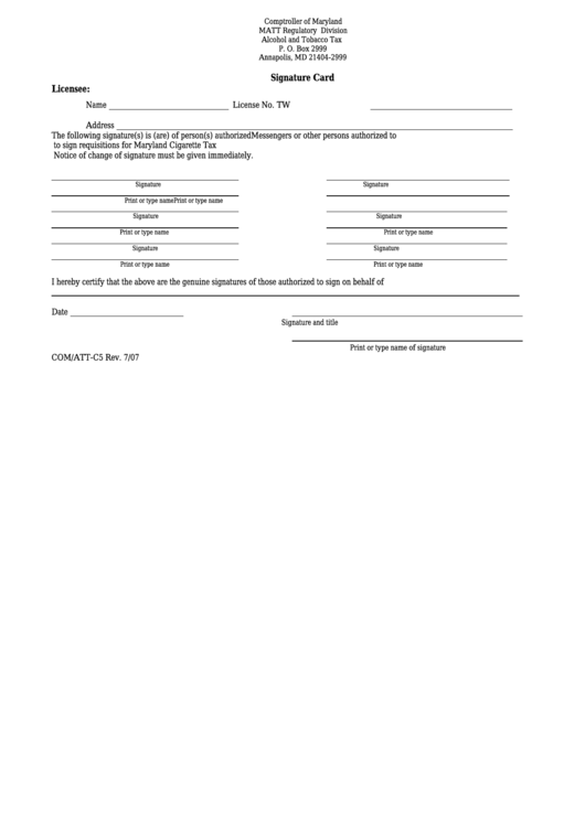 Fillable Form Com/att-C5 - Signature Card - Comptroller Of Maryland Printable pdf