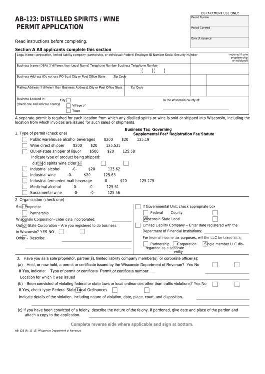 Form Ab-123 - Distilled Spirits / Wine Permit Application Printable pdf