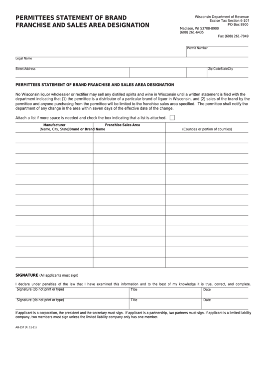 Form Ab-157 - Permittees Statement Of Brand Franchise And Sales Area Designation - Wisconsin Department Of Revenue Printable pdf