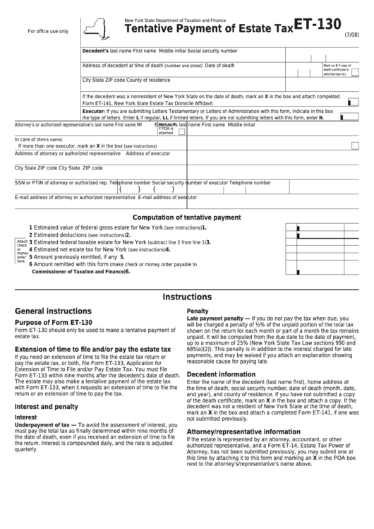 Form Et-130 - Tentative Payment Of Estate Tax Printable pdf