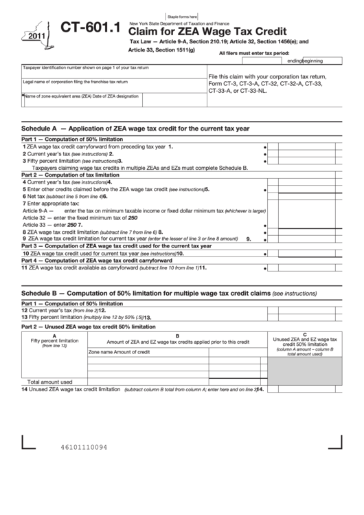 Form Ct-601.1 - Claim For Zea Wage Tax Credit - 2011 Printable pdf