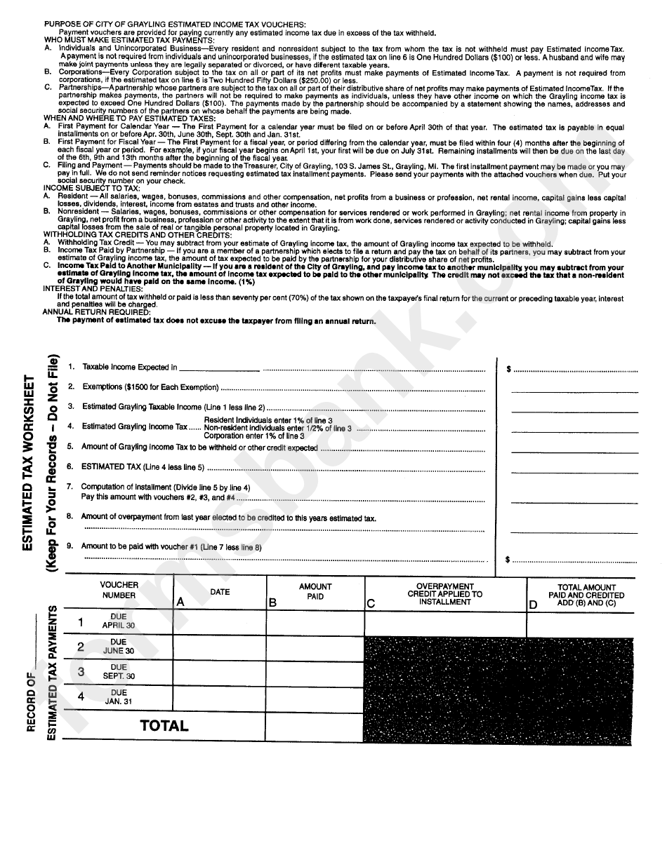 Estimated Tax Worksheet - City Of Grayling
