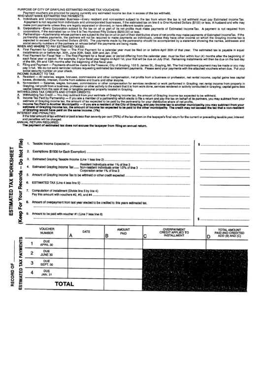 Estimated Tax Worksheet - City Of Grayling Printable pdf