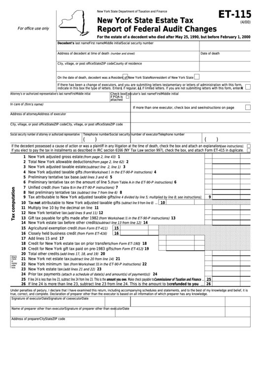 Form Et-115 - New York State Estate Tax Report Of Federal Audit Changes Printable pdf