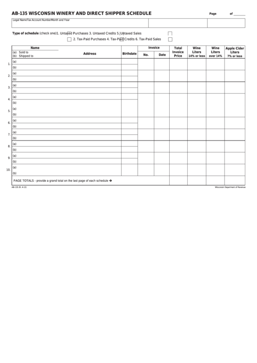 Fillable Form Ab-135 - Wisconsin Winery And Direct Shipper Schedule Printable pdf