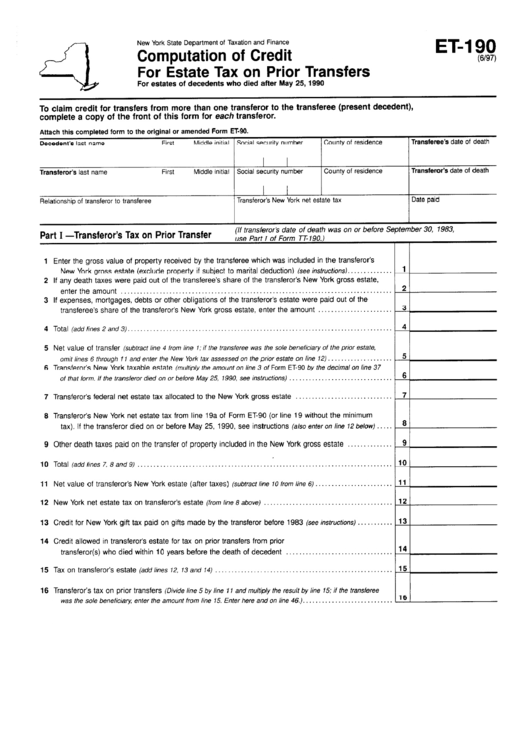 Fillable Form Et-190 - Computation Of Credit For Estate Tax On Prior Transfers Printable pdf