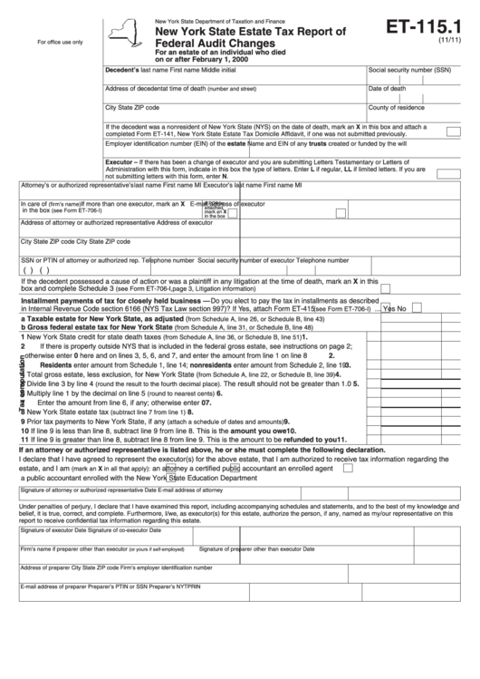 Form Et-115.1 - New York State Estate Tax Report Of Federal Audit Changes Printable pdf