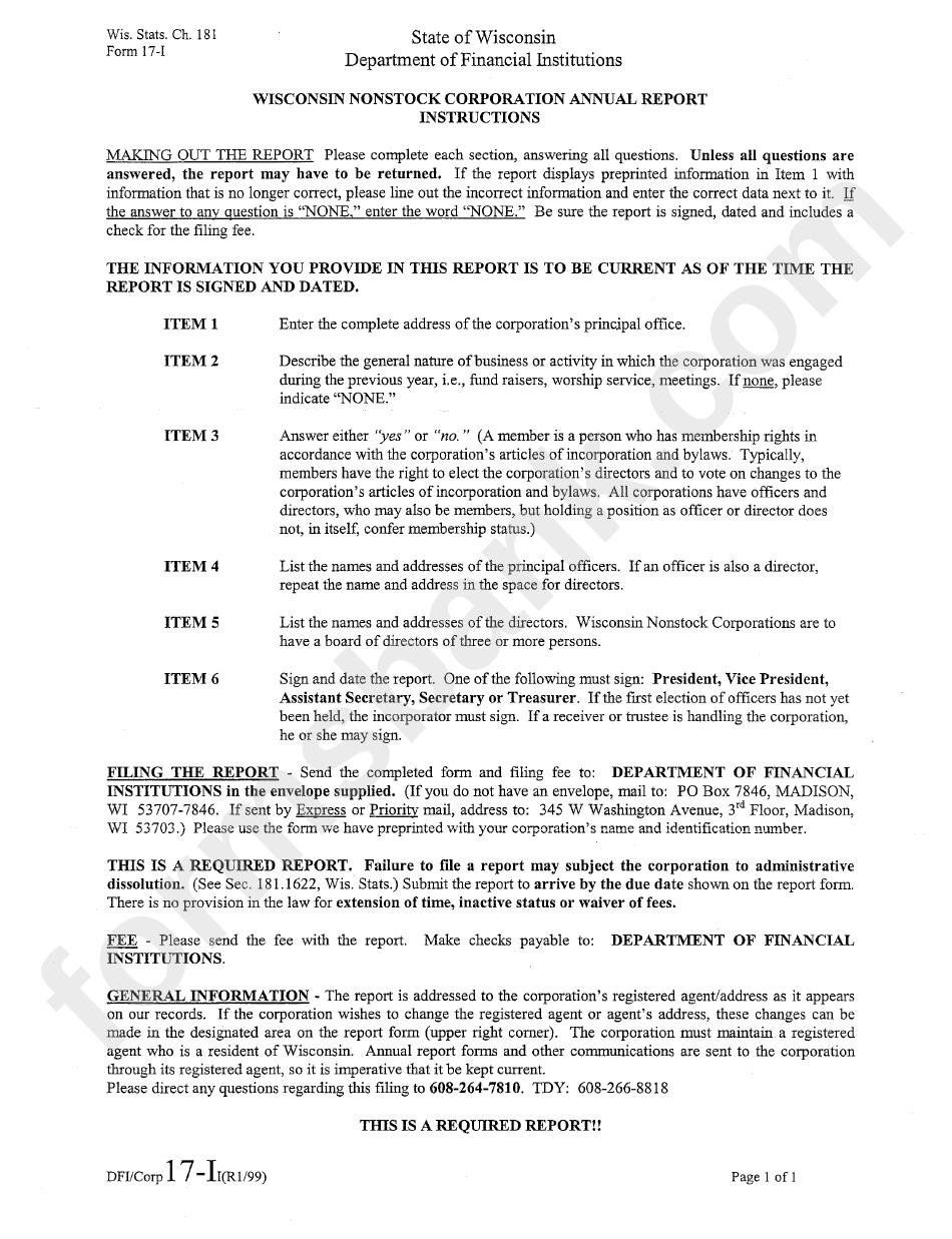 Wisconsin Nonstock Corporation Annual Report Instructions (Form 17-I)