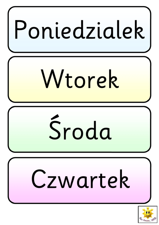 Polish Vocabulary Cards Template - Days Of The Week Printable pdf