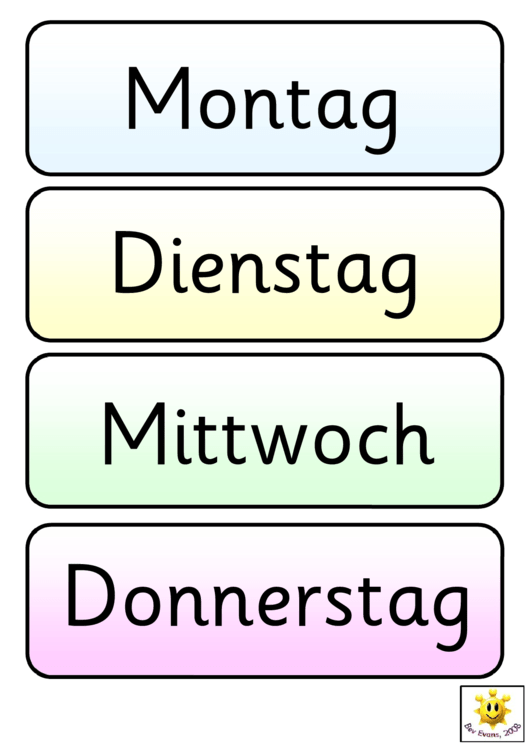 German Vocabulary Flash Cards Template - Days Of The Week Printable pdf