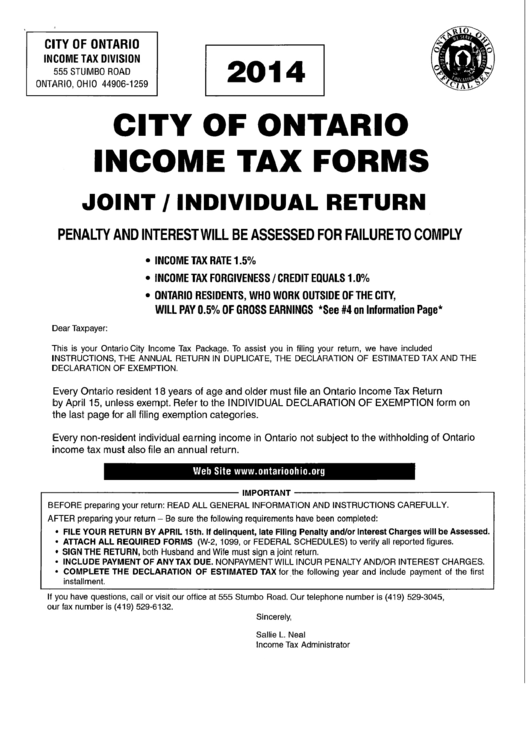Joint/individual City Of Ontario, Ohio Income Tax Return - 2014 Printable pdf