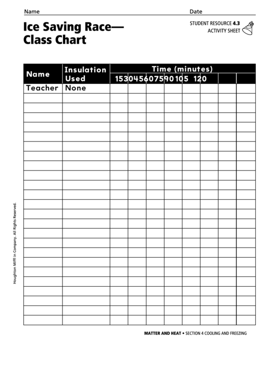 Ice Saving Race - Class Chart Activity Sheet Printable pdf