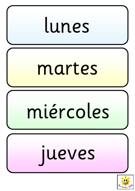 Spanish Vocabulary Flash Cards Template - Days Of The Week Printable pdf