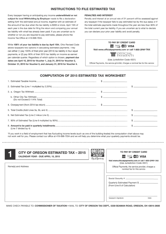 Fillable City Of Oregon Estimated Tax - 2015 Printable pdf