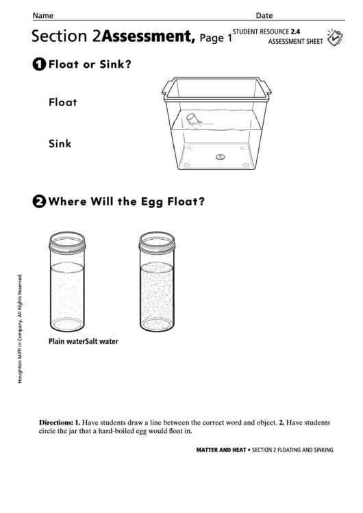 Floating And Sinking Matter And Heat Assessment Sheet Printable pdf