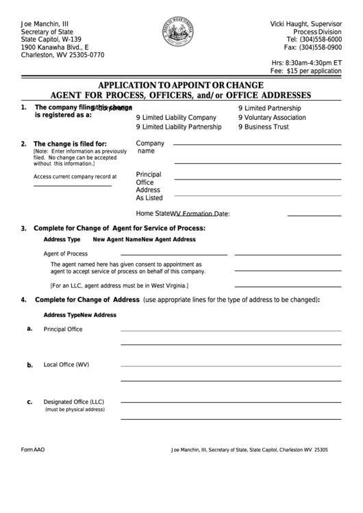 Fillable Form Aao - Application To Appoint Or Change Agent For Process, Officers, And/or Office Addresses Printable pdf