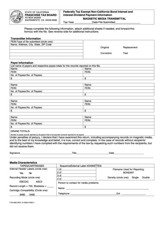 Form Ftb 4800 - Federally Tax Exempt Non-California Bond Interest And Interest-Dividend Payment Information Magnetic Media Transmittal Printable pdf