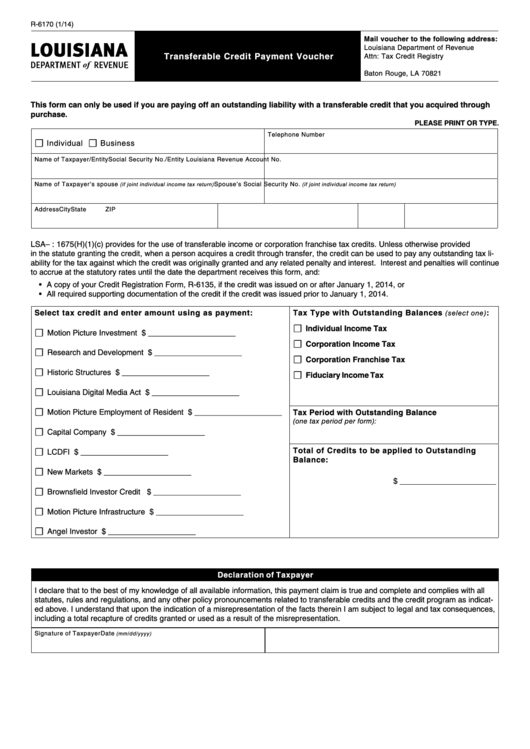 Fillable Form R-6170 - Transferable Credit Payment Voucher Printable pdf