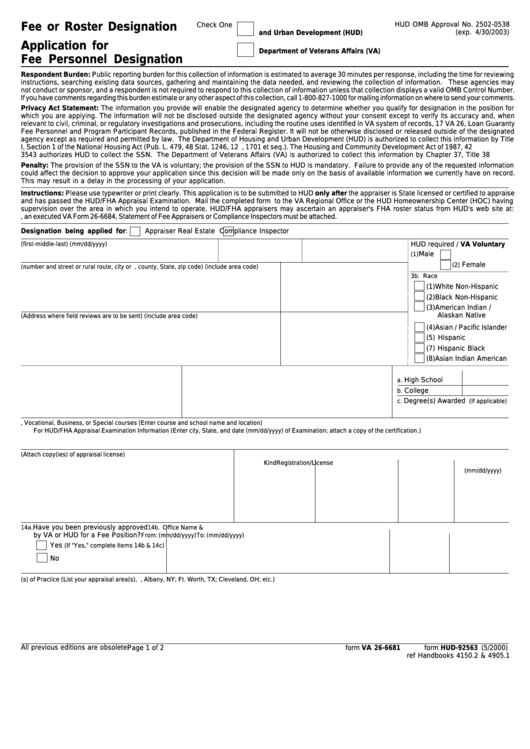 Fillable Form Hud-92563 - Fee Or Roster Designation / Form Va 26-6681 - Application For Fee Personnel Designation Printable pdf
