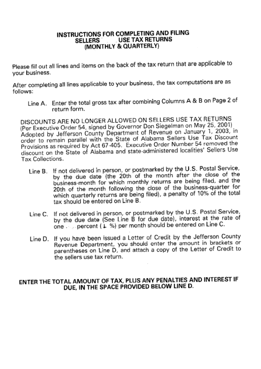 Instructions For Completing And Filing Sellers Use Tax Return (Monthly&quarterly) Printable pdf