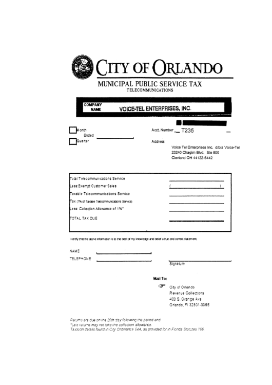 City Of Orlando Municipal Public Service Tax Telecommunications Printable pdf