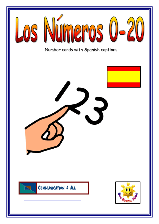 Number Chart With Spanish Captions - 0-20 Printable pdf