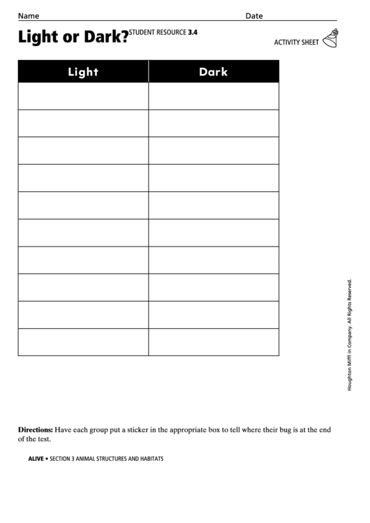 Light Or Dark Activity Sheet Printable pdf