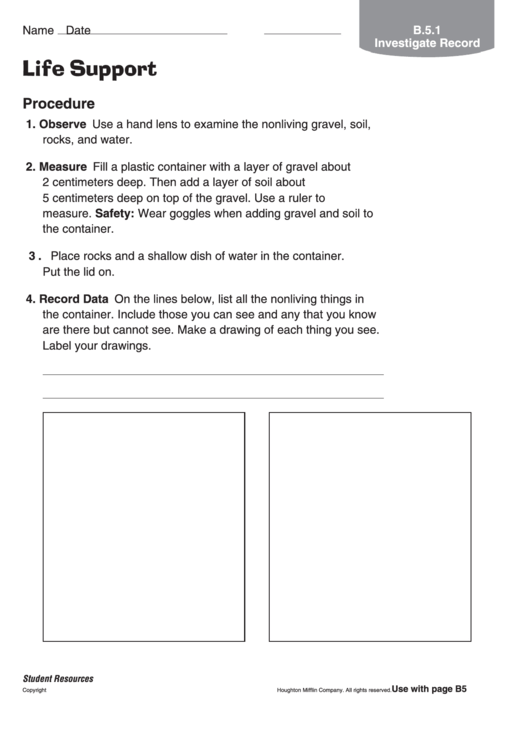 Life Support Investigate Record Science Worksheet Printable pdf