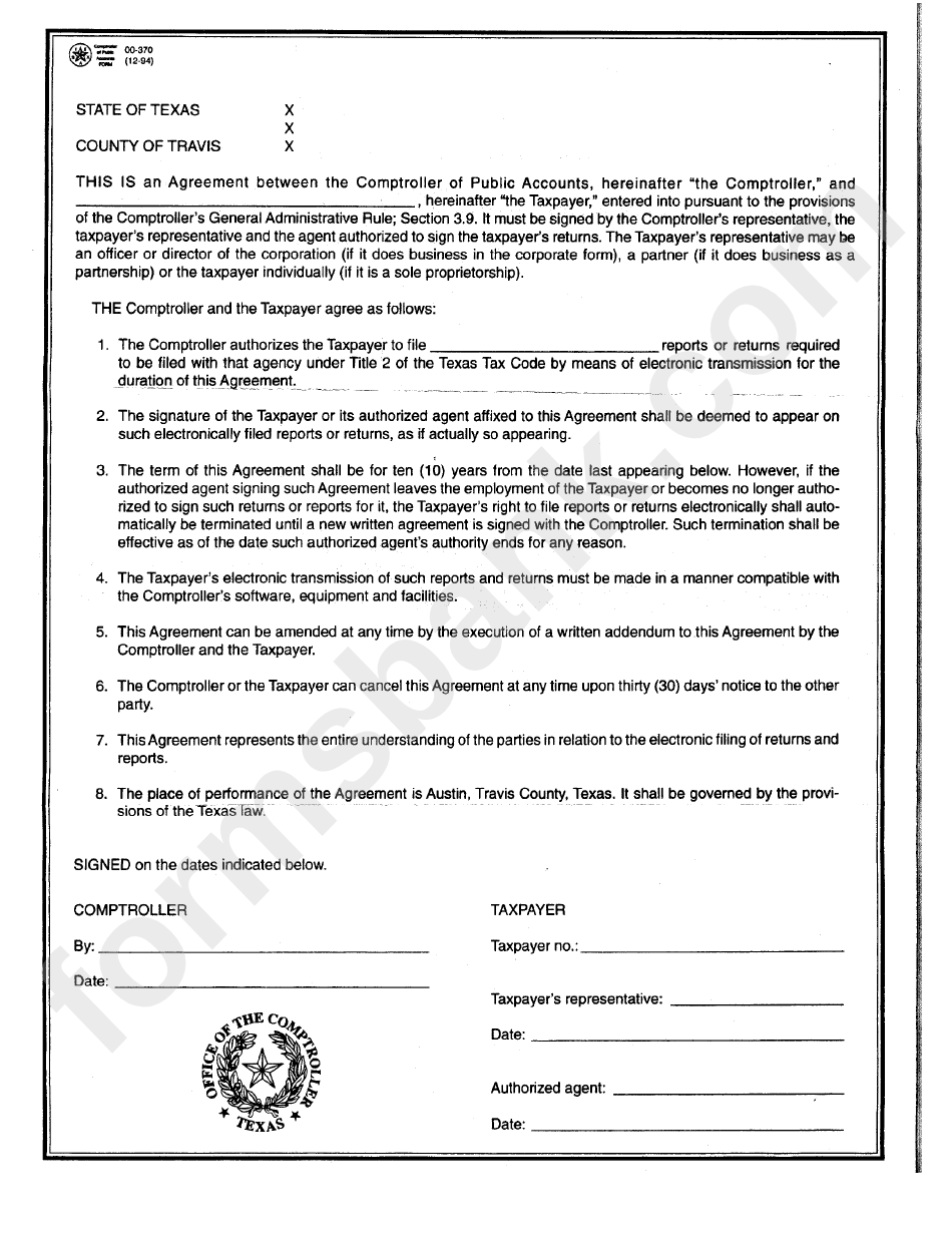 Form 00-370 - Agreement Between The Comptroller Of Public Accounts And Taxpayer