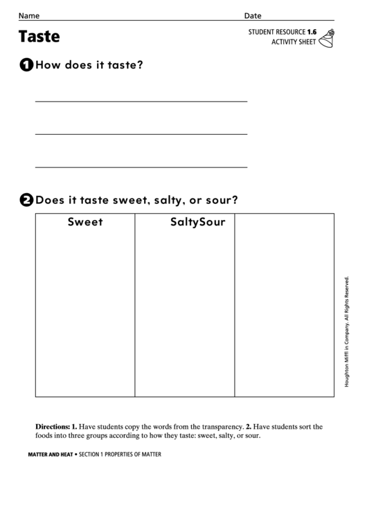 Taste Activity Sheet Printable pdf