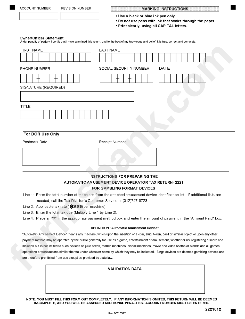 Form 2221 - Automatic Amusement Device Operator Tax Return For Gambling Format Devices