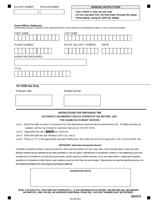 Form 2221 - Automatic Amusement Device Operator Tax Return For Gambling Format Devices Printable pdf