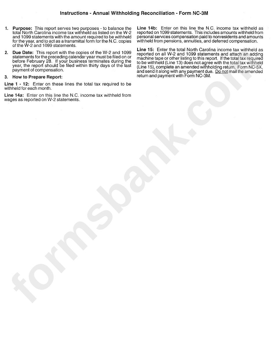 Instructions - Annual Withholding Reconciliation - Form Nc-3m