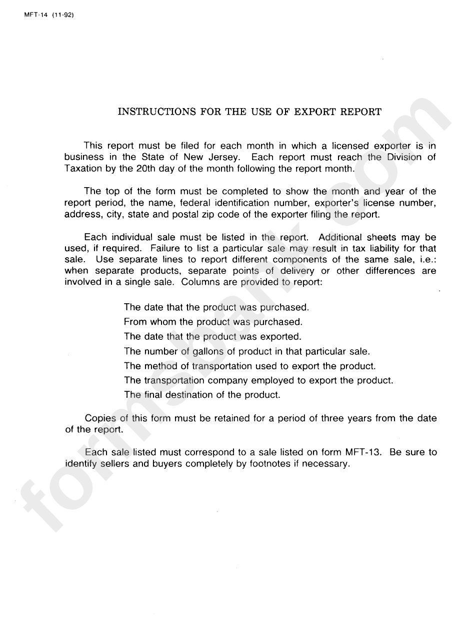 Instructions For The Use Of Export Report (Mft-14)
