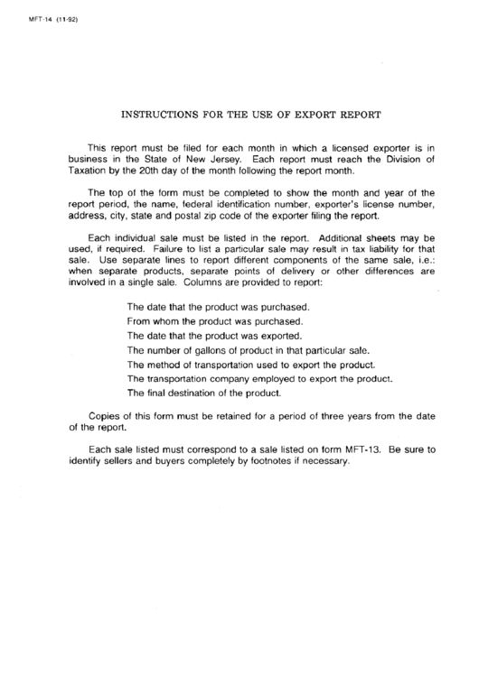 Instructions For The Use Of Export Report (Mft-14) Printable pdf