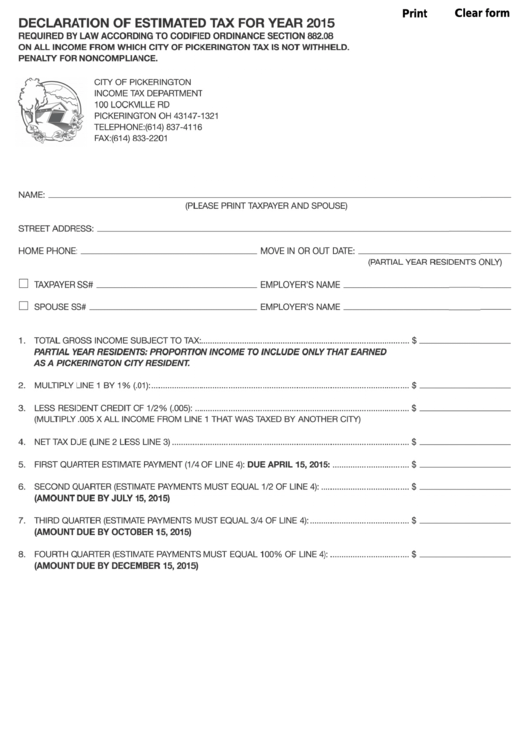 Fillable City Of Pickerington Declaration Of Estimated Tax For Year 2015 Printable pdf
