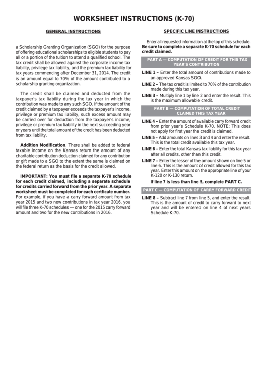 Worksheet Instructions (K-70) Printable pdf