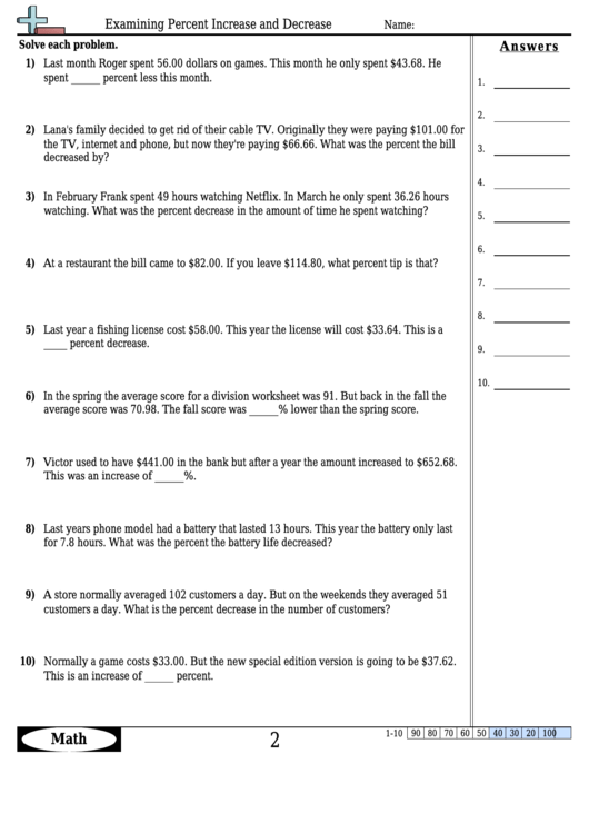 Examining Percent Increase And Decrease Math Worksheet - With Answers Printable pdf