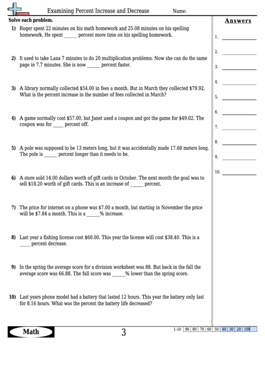 Examining Percent Increase And Decrease Math Worksheet - With Answers Printable pdf