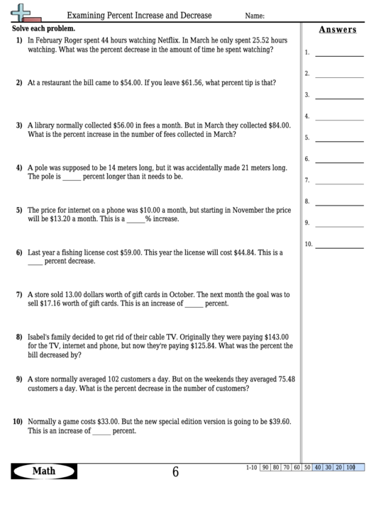 Examining Percent Increase And Decrease Math Worksheet - With Answers Printable pdf