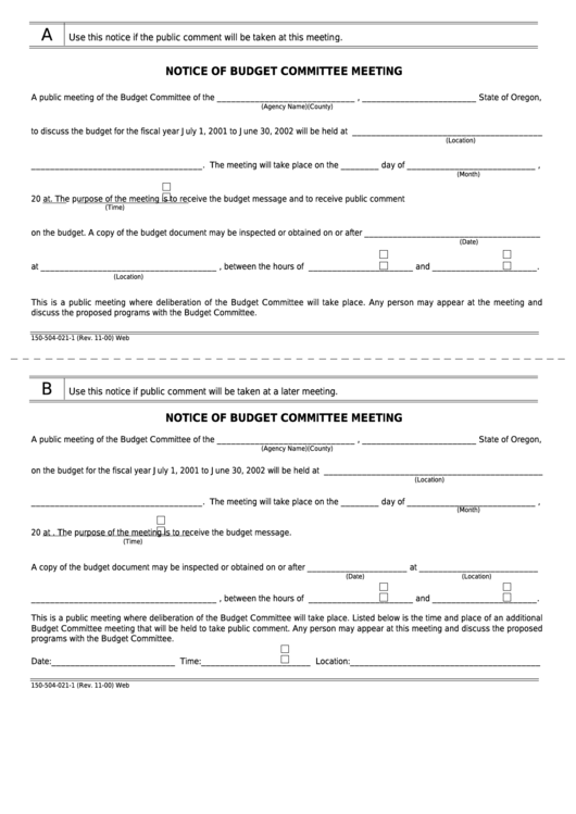 Fillable Form 150-504-021-1 - Notice Of Budget Committee Meeting Printable pdf