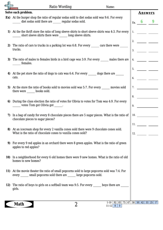 Ratio Wording Math Worksheet - With Answers Printable pdf