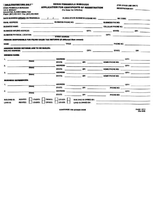 Application For Certificate Of Registration - Kenai Peninsula Borough Printable pdf