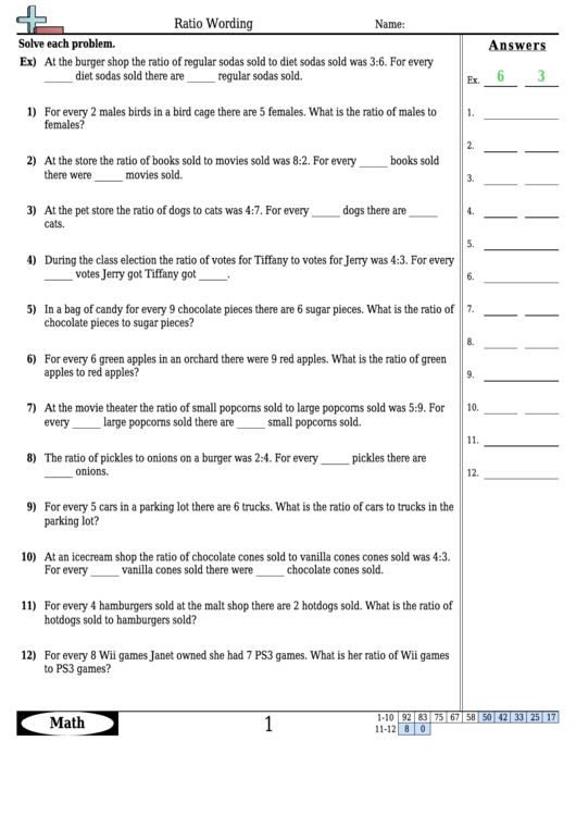 Ratio Wording Math Worksheet With Answers Printable Pdf Download