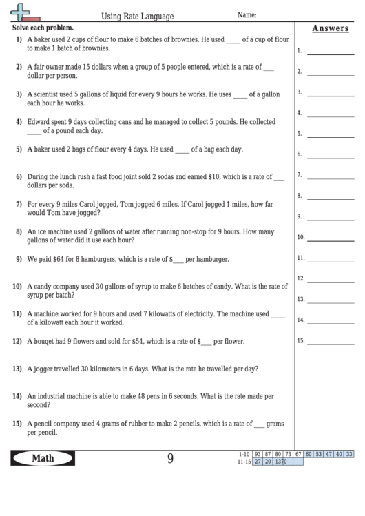 Using Rate Language Math Worksheet - With Answers Printable pdf